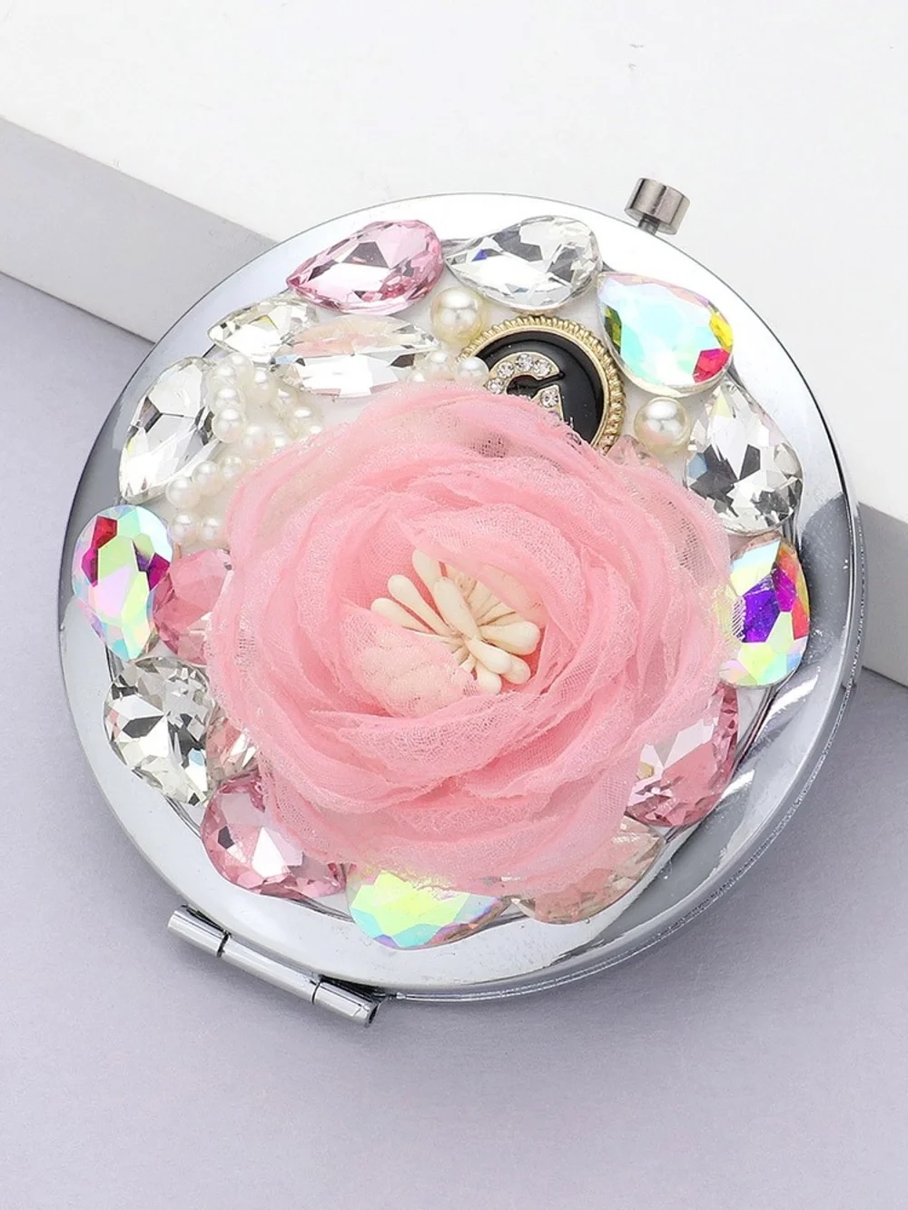 Pink Compact Mirror Floral Crystal Jeweled Circle Gem Bling Makeup Lipstick Case